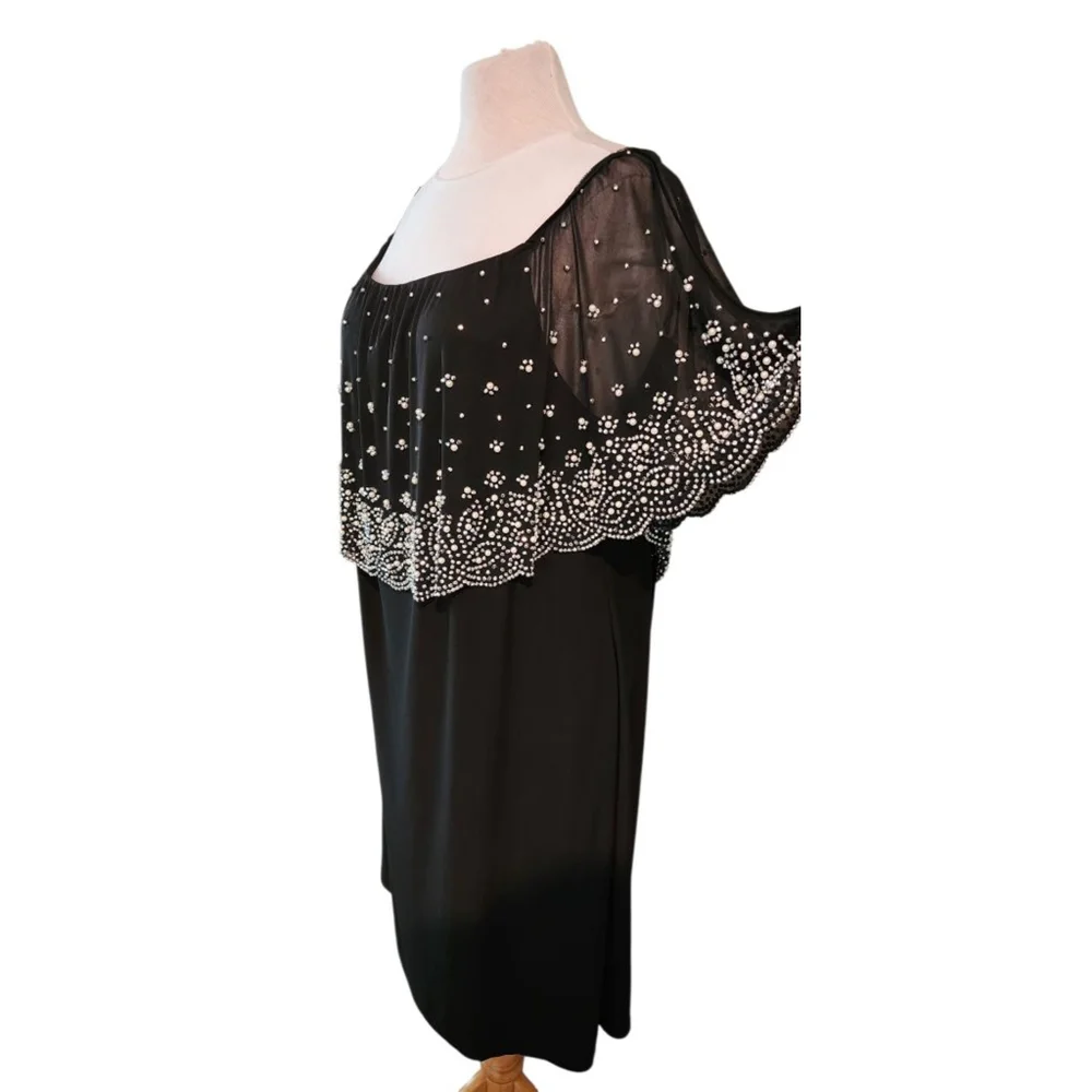 S. Levine Women 3X Black Cocktail Dress Pearl Beaded Cape Overlay Evening Dress - Picture 4 of 10